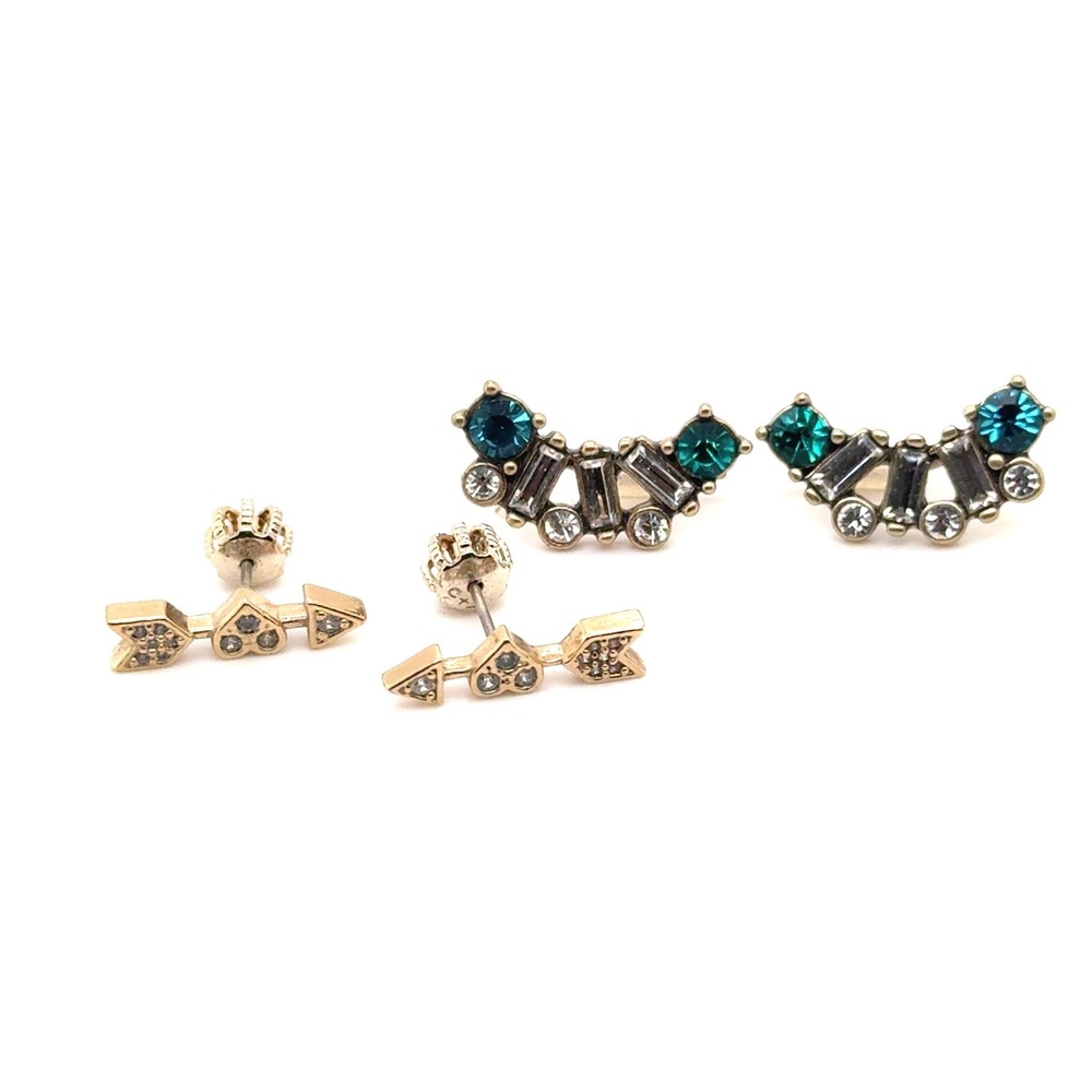 Chloe and Isabel Earring Set Gold Tone Teal Crystal Arc and Heart Arrow Studs